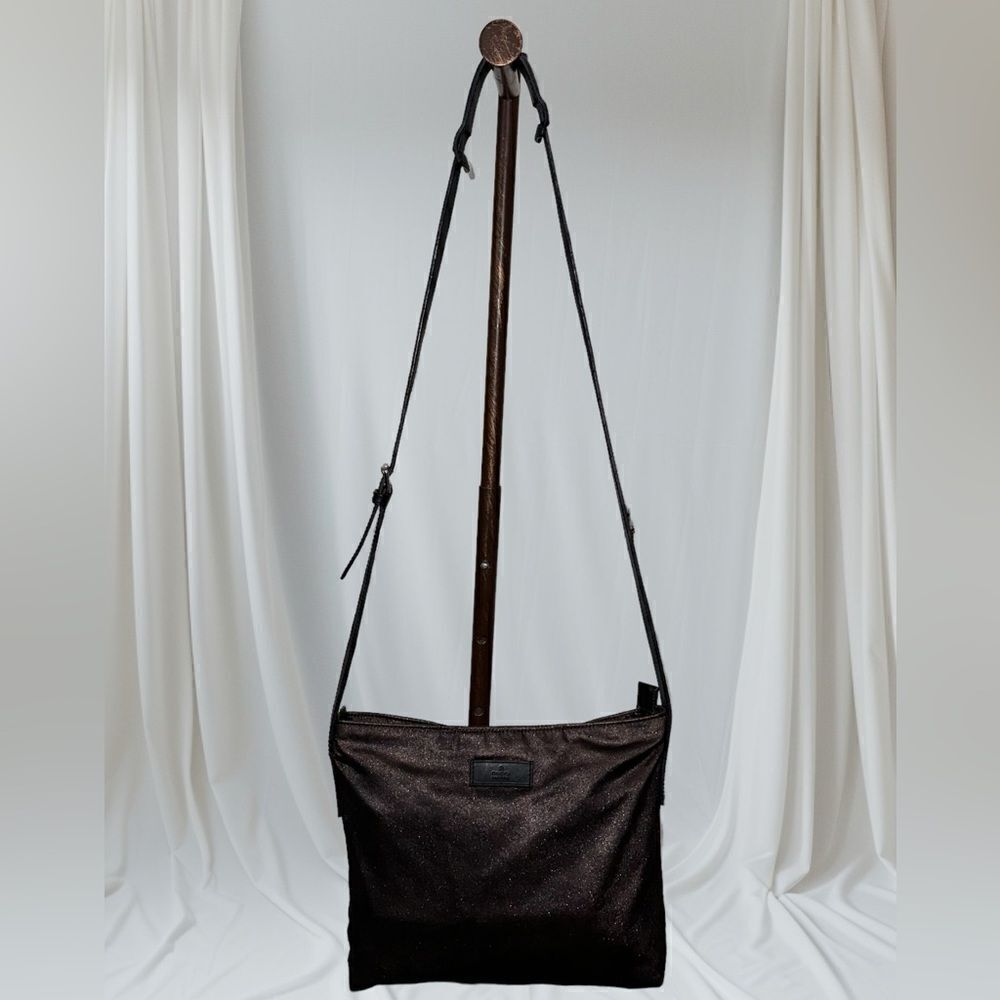 Gucci Canvas Crossbody Tote shimmer brown w/ black leather straps. Upcycled.